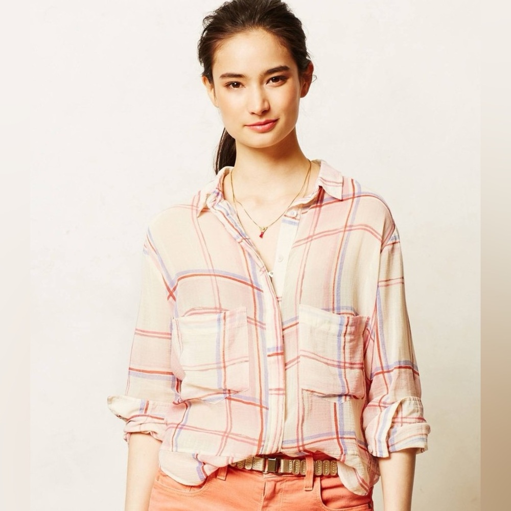 Anthropologie Holding Horses Pink Pocket Blushed Plaid Buttondown Shirt Size L